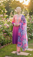 Peach Pink Purple-Imported Crepe Digital 3 Piece Suit-WWF-1110