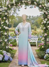 Mint Pink Blue-Imported Crepe Digital 3 Piece Suit-WWF-1104