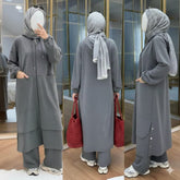 Long Zipper Baggy-Pocket Hooded Abaya Style 2-Pcs Winter Suit. WWTS-54