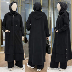 Long Zipper Baggy-Pocket Hooded Abaya Style 2-Pcs Winter Suit. WWTS-54
