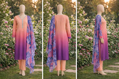 Peach Pink Purple-Imported Crepe Digital 3 Piece Suit-WWF-1110