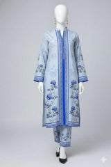 Ice Blue Flower Printed Imported Crepe 2 Pcs Suit-WWF-1124