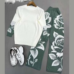 Contrast Rose Printed Premium Quality Winter 2-Pcs Tracksuit For Her. WWTS-19