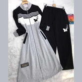 Butterfly Printed Long Front Stripe Style Patch-Work 2-Pcs Winter Zipper Co-Ord Set. WWTS-12