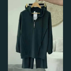 Drop-Shoulder Short Zip Hoodie Style Premium Quality Winter 2-Pcs Tracksuit For Her. WWTS-09