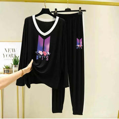 Contrast Neck-Style Big-Printed 2-Pcs Lounge And Night Wear Suit. WLW-10