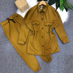 Shirt Style Long Front Pocket 2-Pcs Winter Tracksuit For Her.