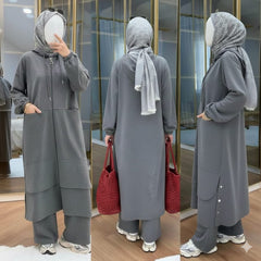 Long Zipper Baggy-Pocket Hooded Abaya Style 2-Pcs Winter Suit. WWTS-54