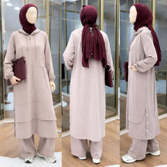Long Zipper Baggy-Pocket Hooded Abaya Style 2-Pcs Winter Suit. WWTS-54