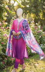 Hot Pink Purple-Imported Crepe Digital 3 Piece Suit-WWF-1112