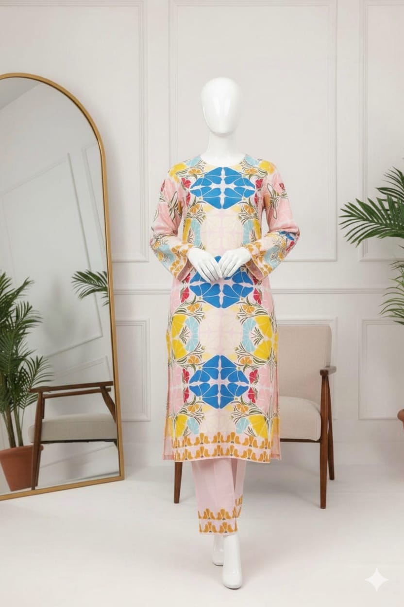 European Style Pastel Art Printed Imported Crepe 2 Pcs Suit-WWF-1127