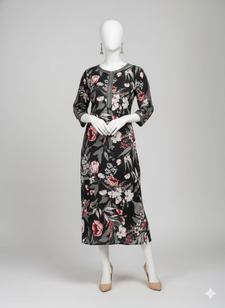 Midnight Bloom Floral Printed Imported Crepe 2 Pcs Suit-WWF-1136