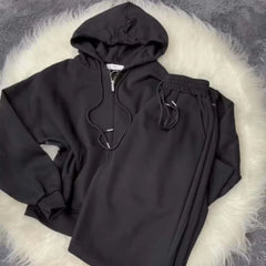Black Simple Hooded Zipper Style 2-Pcs Winter Tracksuit. D-12