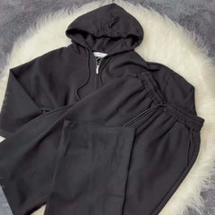 Black Simple Hooded Zipper Style 2-Pcs Winter Tracksuit. D-12