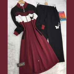Butterfly Printed Long Front Stripe Style Patch-Work 2-Pcs Winter Zipper Co-Ord Set. WWTS-12