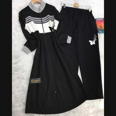 Butterfly Printed Long Front Stripe Style Patch-Work 2-Pcs Winter Zipper Co-Ord Set. WWTS-12